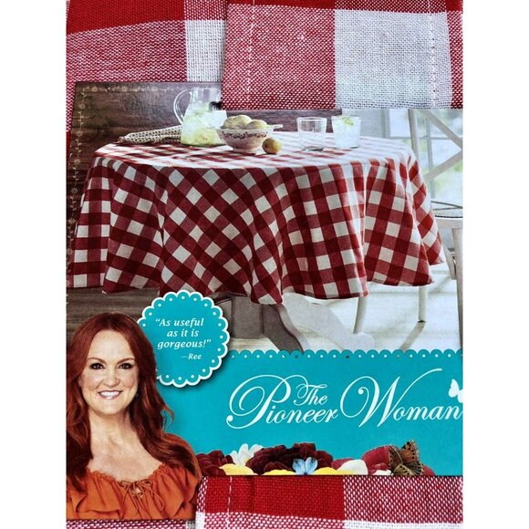 Pioneer Woman Charming Check Tablecloth 70 Inches Round Red White Picnic Country